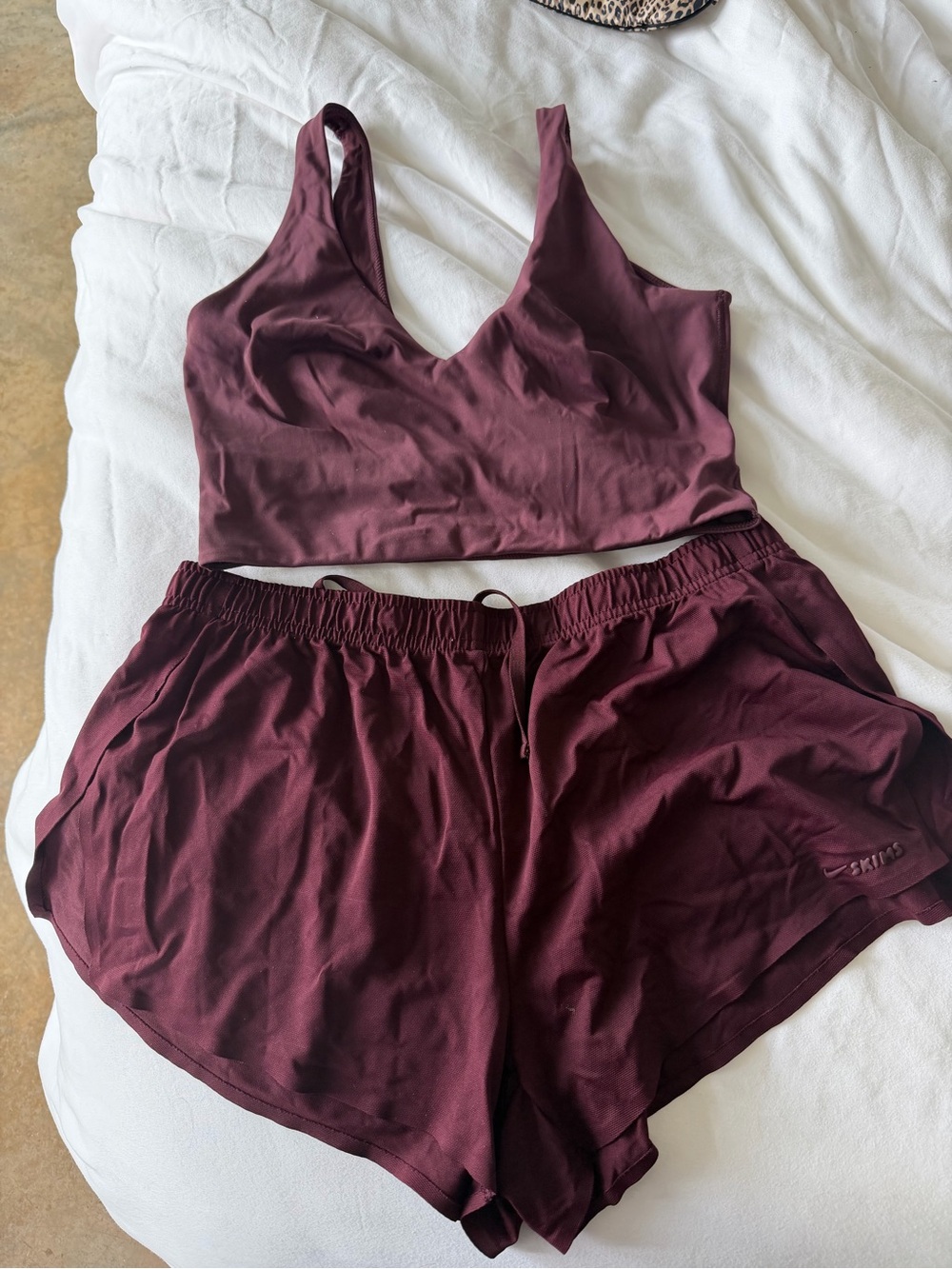 SKIMS Burgundy Wireless Crop Bra and Lounge Shorts Set